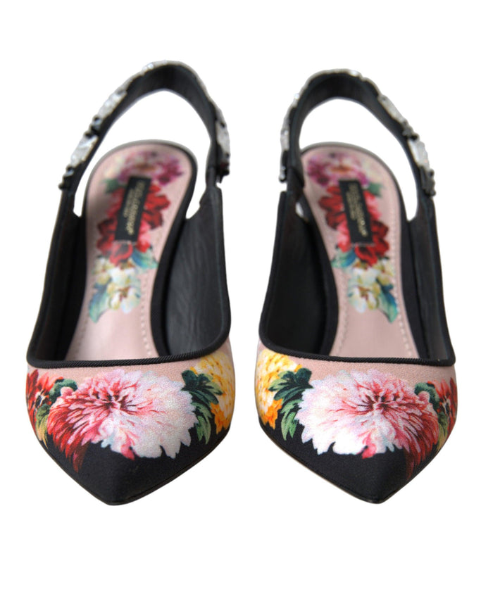 Dolce & Gabbana Black Floral Crystal Heels Slingbacks Shoes - Ellie Belle