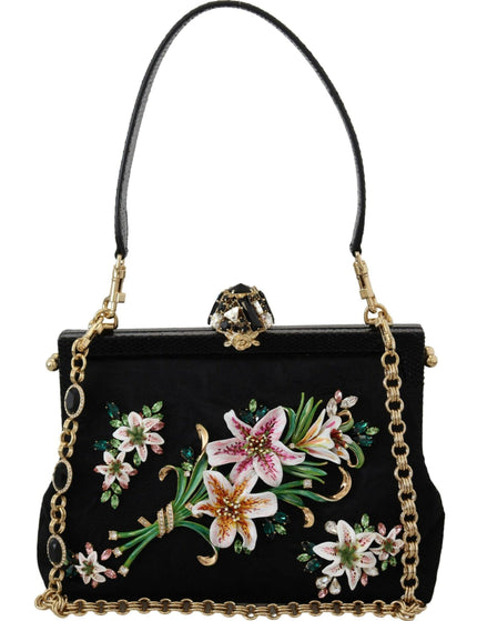Dolce & Gabbana Black Floral Crystal Shoulder Silk Leather VANDA Purse - Ellie Belle