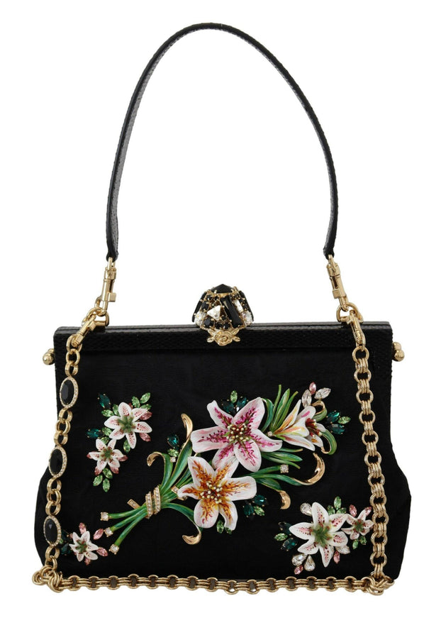 Dolce & Gabbana Black Floral Crystal Shoulder Silk Leather VANDA Purse - Ellie Belle