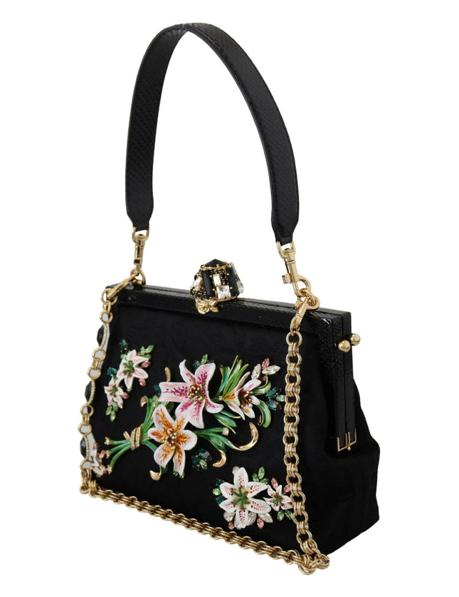 Dolce & Gabbana Black Floral Crystal Shoulder Silk Leather VANDA Purse - Ellie Belle