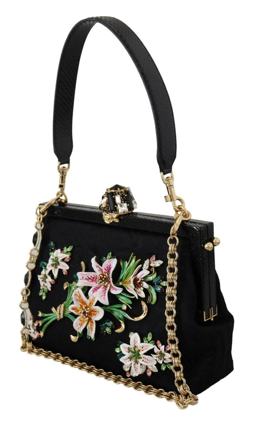 Dolce & Gabbana Black Floral Crystal Shoulder Silk Leather VANDA Purse - Ellie Belle