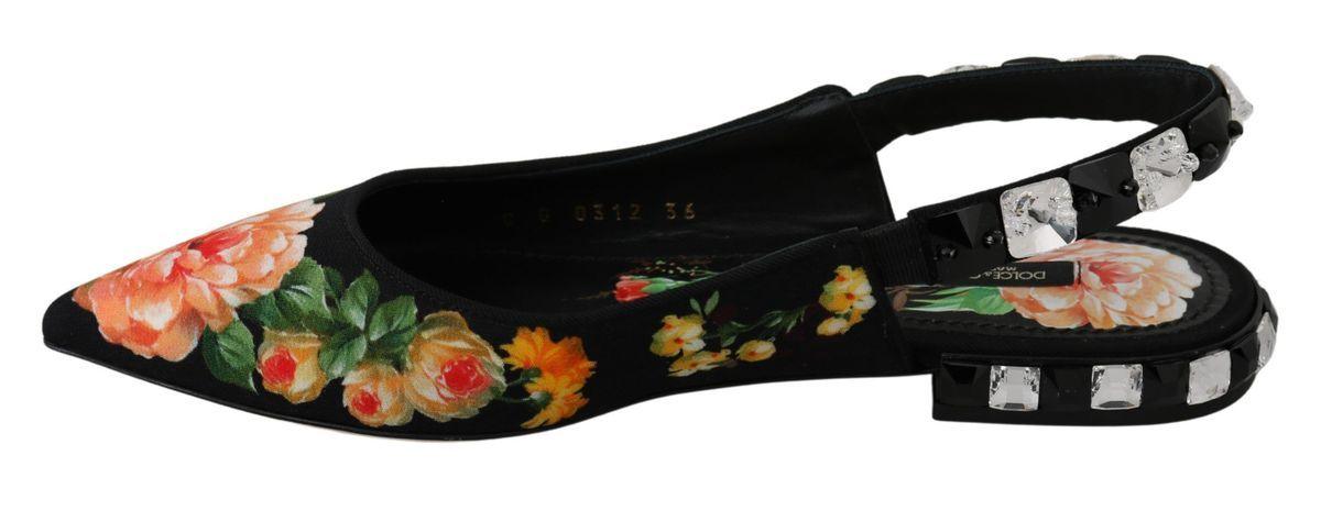 Dolce & Gabbana Black Floral Crystal Slingbacks Flats Shoes - Ellie Belle