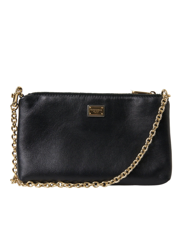 Dolce & Gabbana Black Floral Embroidered Leather Chain Clutch Bag - Ellie Belle