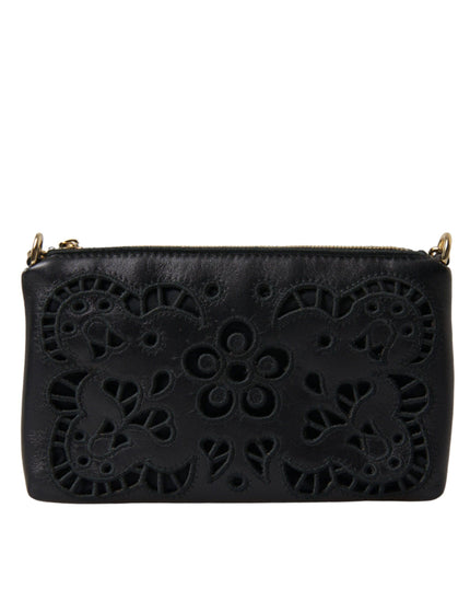 Dolce & Gabbana Black Floral Embroidered Leather Chain Clutch Bag - Ellie Belle