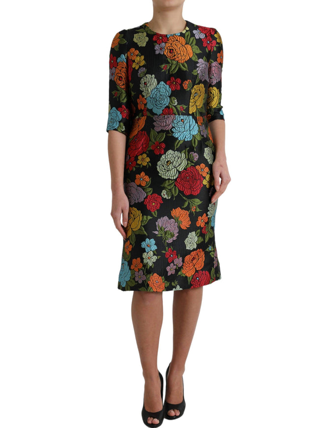 Dolce & Gabbana Black Floral Embroidery Knee Length Dress - Ellie Belle