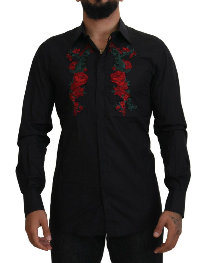 Dolce & Gabbana Black Floral Embroidery Men Long Sleeves GOLD Shirt - Ellie Belle