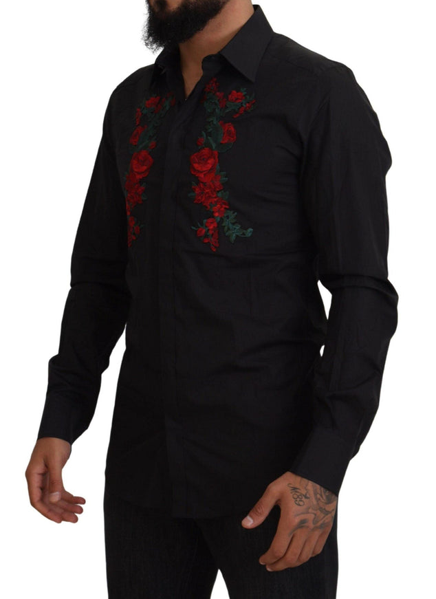 Dolce & Gabbana Black Floral Embroidery Men Long Sleeves GOLD Shirt - Ellie Belle