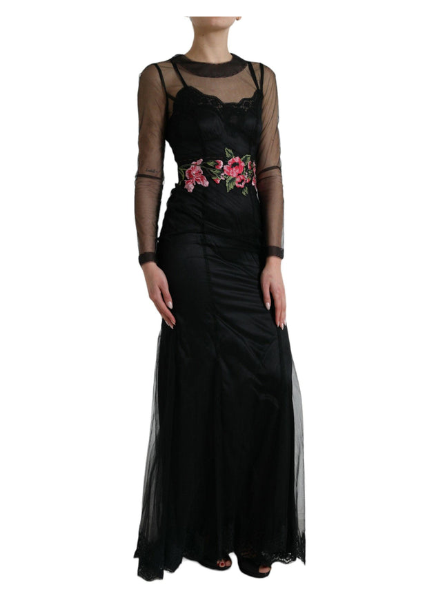 Dolce & Gabbana Black Floral Embroidery Mesh Tulle Gown Dress - Ellie Belle