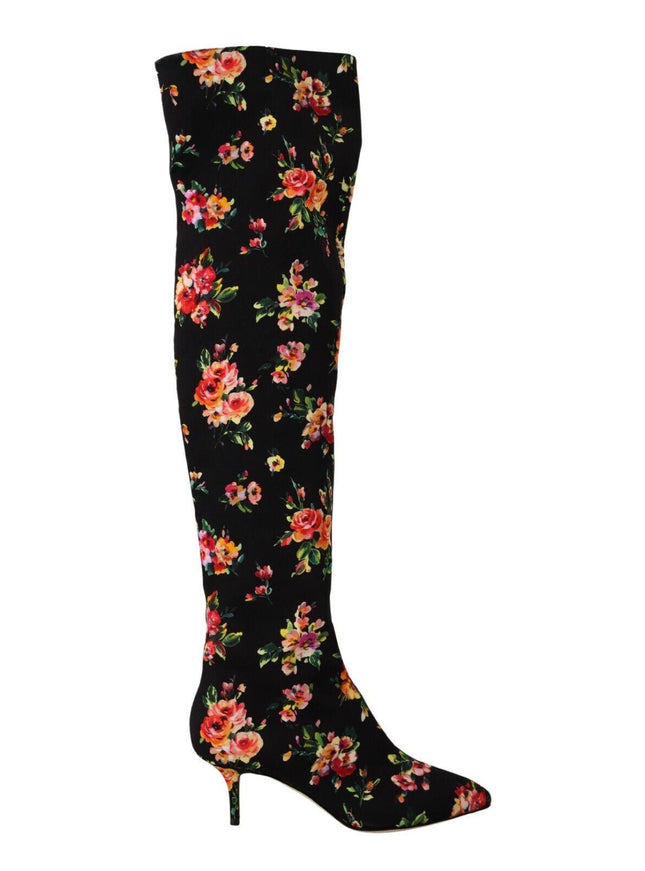 Dolce & Gabbana Black Floral Knee High Charmeuse Boots Shoes - Ellie Belle