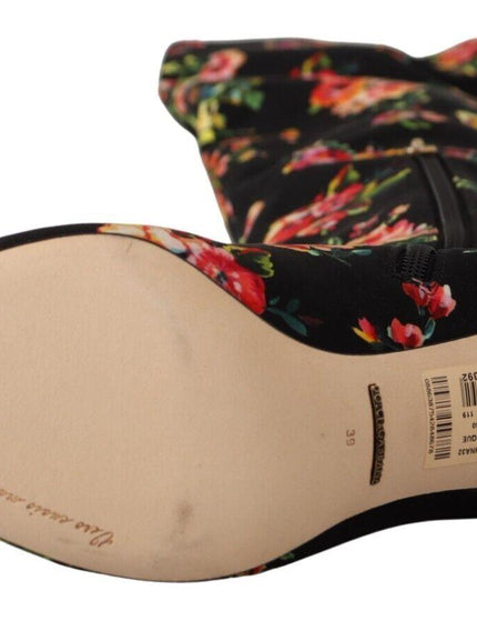 Dolce & Gabbana Black Floral Knee High Charmeuse Boots Shoes - Ellie Belle