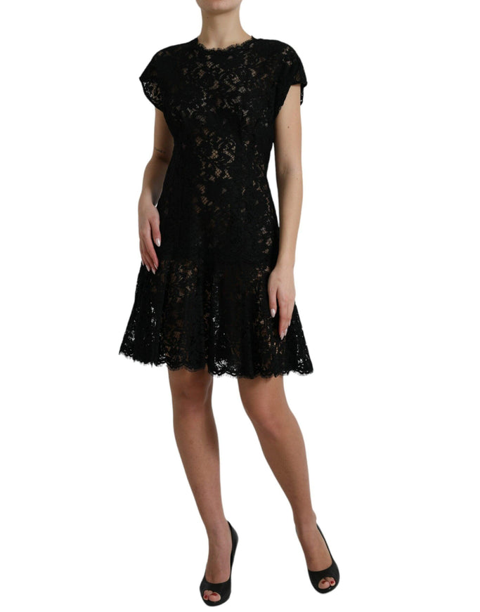 Dolce & Gabbana Black Floral Lace Cotton A-line Mini Dress - Ellie Belle