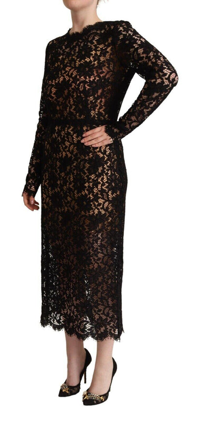 Dolce & Gabbana Black Floral Lace Cotton Midi Sheath Dress - Ellie Belle