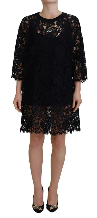 Dolce & Gabbana Black Floral Lace Cotton Shift Mini Dress - Ellie Belle