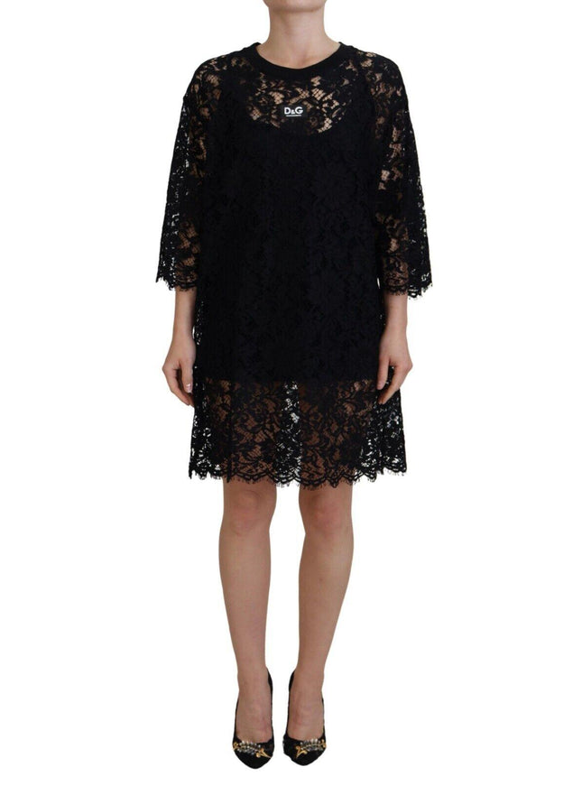 Dolce & Gabbana Black Floral Lace Cotton Shift Mini Dress - Ellie Belle