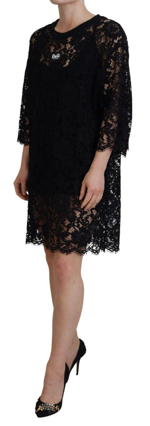 Dolce & Gabbana Black Floral Lace Cotton Shift Mini Dress - Ellie Belle