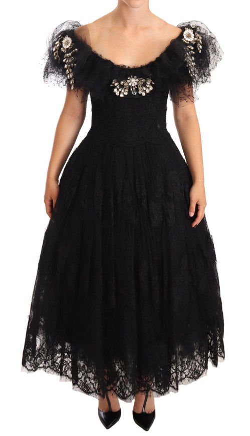 Dolce & Gabbana Black Floral Lace Crystal Ball Gown Dress - Ellie Belle