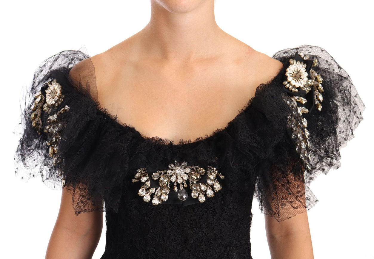 Dolce & Gabbana Black Floral Lace Crystal Ball Gown Dress - Ellie Belle