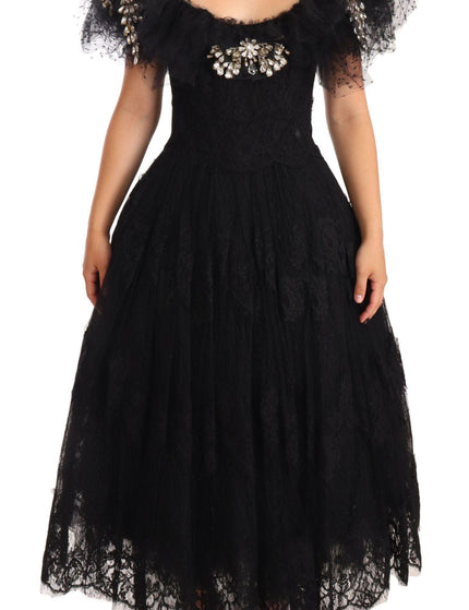 Dolce & Gabbana Black Floral Lace Crystal Ball Gown Dress - Ellie Belle