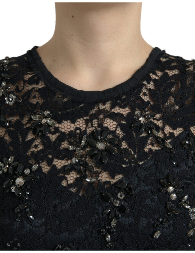 Dolce & Gabbana Black Floral Lace Crystal Sheath Dress - Ellie Belle
