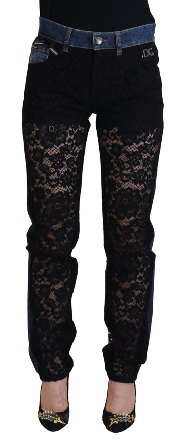 Dolce & Gabbana Black Floral Lace Front Skinny Denim Jeans - Ellie Belle