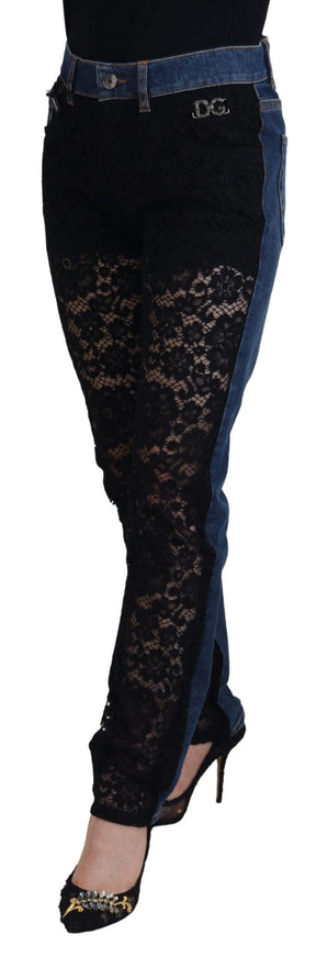 Dolce & Gabbana Black Floral Lace Front Skinny Denim Jeans - Ellie Belle