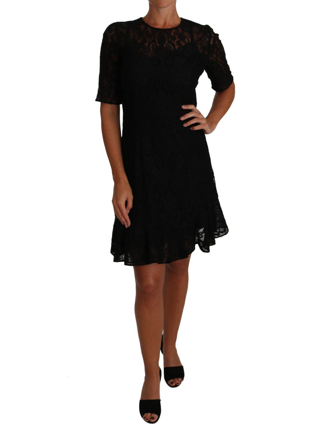 Dolce & Gabbana Black Floral Lace Sheath Short Sleeves Dress