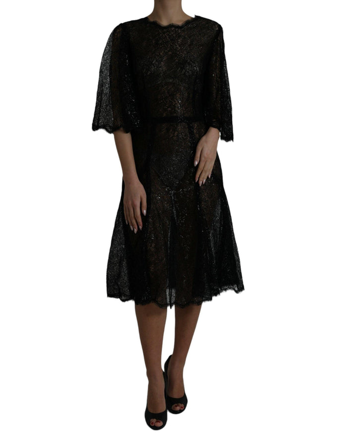 Dolce & Gabbana Black Floral Lace Sheer A-line Midi Dress - Ellie Belle