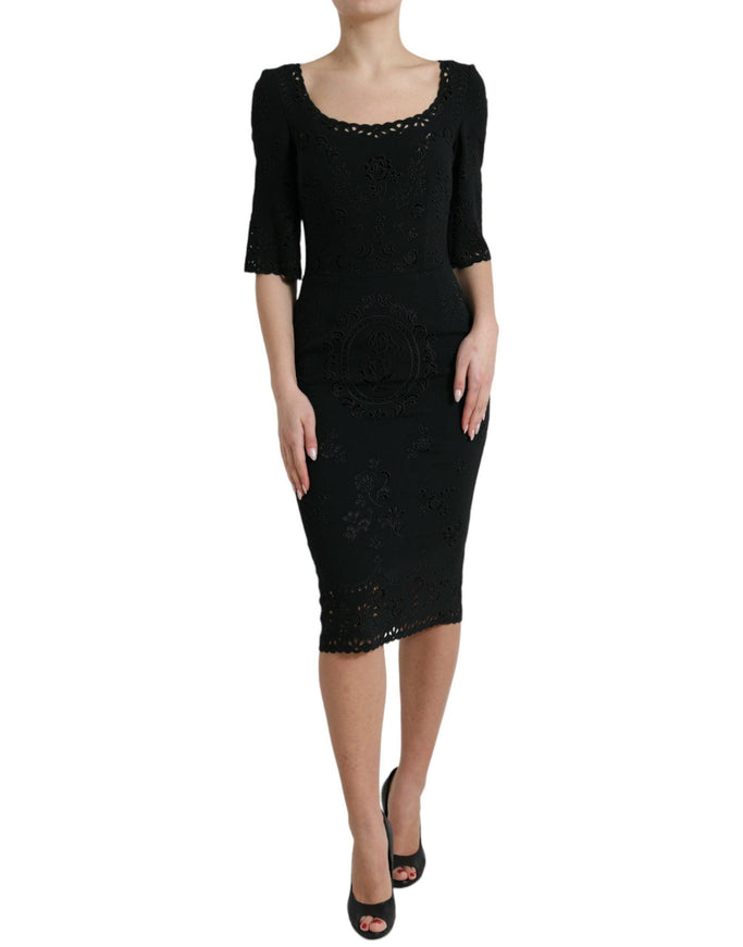 Dolce & Gabbana Black Floral Lace Viscose Bodycon Midi Dress - Ellie Belle