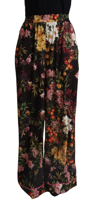 Dolce & Gabbana Black Floral Mid Waist Trouser Wide Leg Pants - Ellie Belle