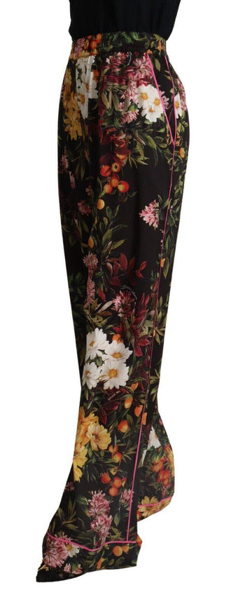 Dolce & Gabbana Black Floral Mid Waist Trouser Wide Leg Pants - Ellie Belle