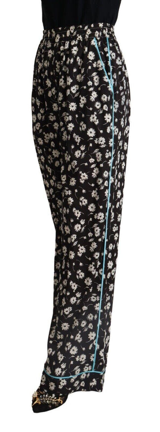 Dolce & Gabbana Black Floral Mid Waist Wide Leg Pants - Ellie Belle