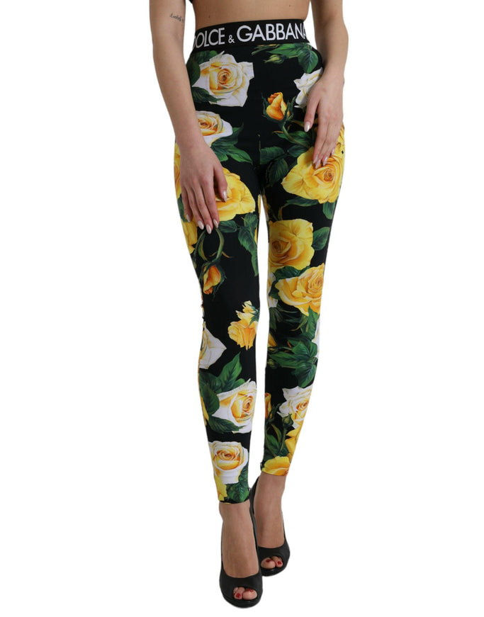 Dolce & Gabbana Black Floral Nylon High Waist Leggings Pants - Ellie Belle