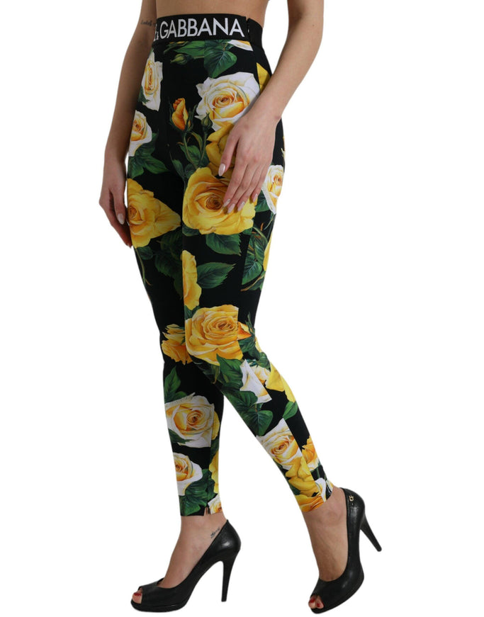 Dolce & Gabbana Black Floral Nylon High Waist Leggings Pants - Ellie Belle