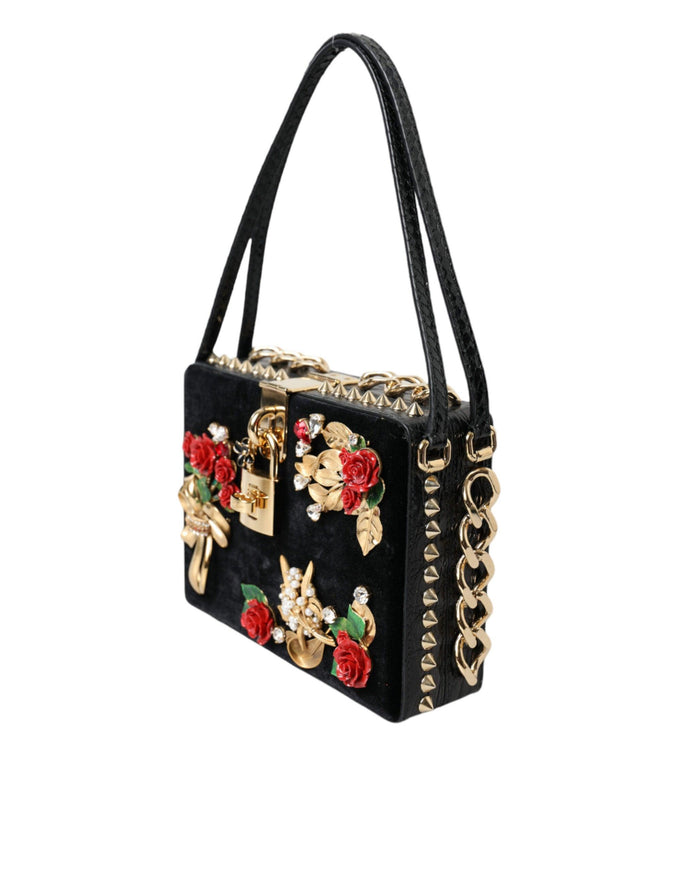 Dolce & Gabbana Black Floral Padlock Leather Crystal Velvet Clutch BOX Bag - Ellie Belle