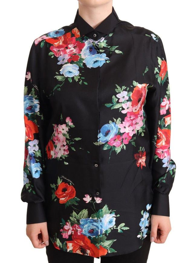 Dolce & Gabbana Black Floral Print Collared Polo Blouse Top - Ellie Belle