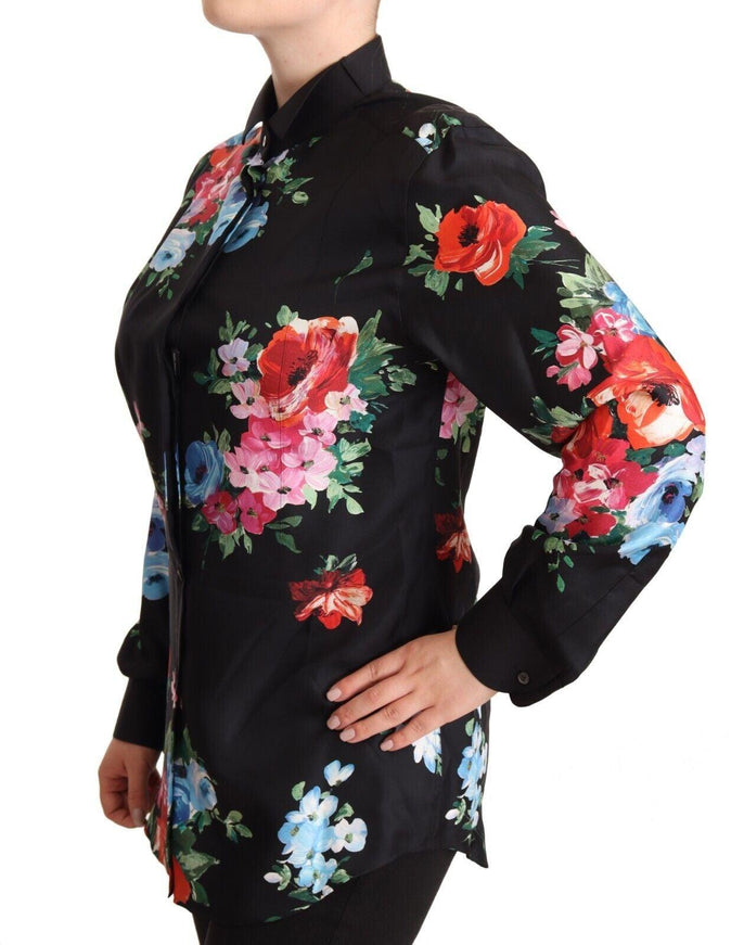 Dolce & Gabbana Black Floral Print Collared Polo Blouse Top - Ellie Belle