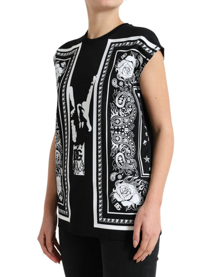 Dolce & Gabbana Black Floral Print Cotton Sleeveless Tank Top - Ellie Belle