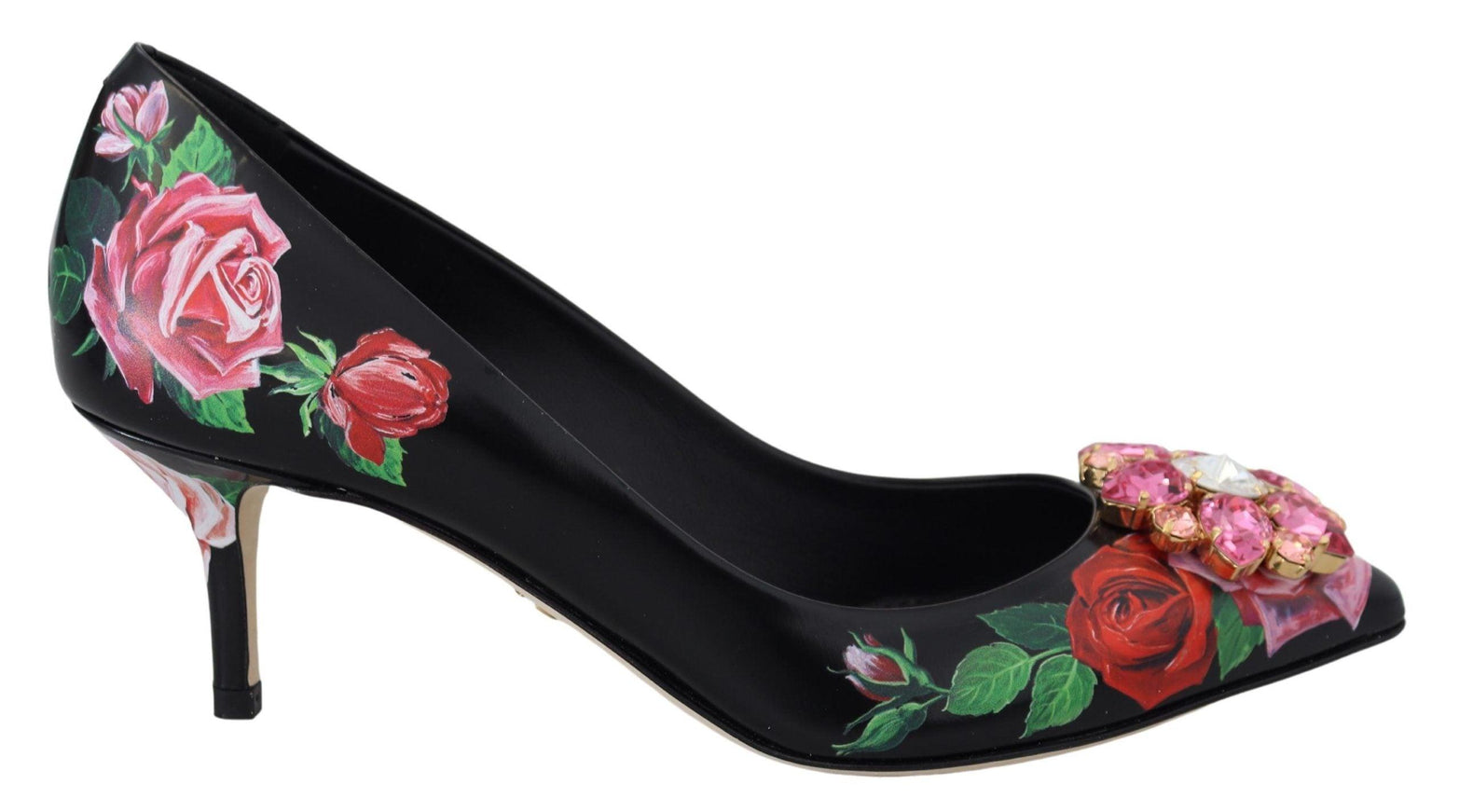 Dolce & Gabbana Black Floral Print Crystal Heels Pumps Shoes - Ellie Belle