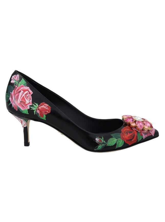 Dolce & Gabbana Black Floral Print Crystal Heels Pumps Shoes - Ellie Belle