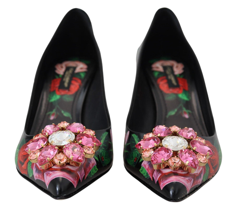 Dolce & Gabbana Black Floral Print Crystal Heels Pumps Shoes - Ellie Belle