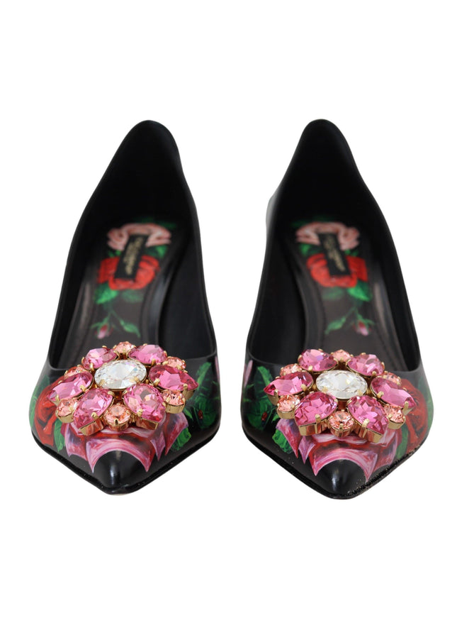 Dolce & Gabbana Black Floral Print Crystal Heels Pumps Shoes - Ellie Belle