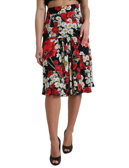 Dolce & Gabbana Black Floral Print High Waist Aline Midi Skirt - Ellie Belle