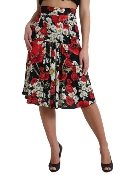 Dolce & Gabbana Black Floral Print High Waist Aline Midi Skirt - Ellie Belle