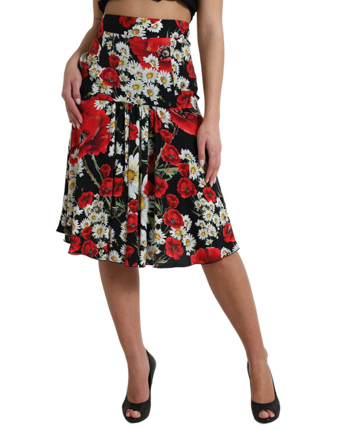 Dolce & Gabbana Black Floral Print High Waist Aline Midi Skirt - Ellie Belle