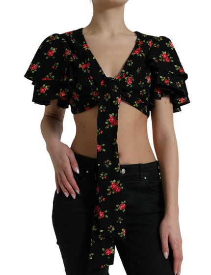 Dolce & Gabbana Black Floral Print Short Sleeves Cropped Top - Ellie Belle
