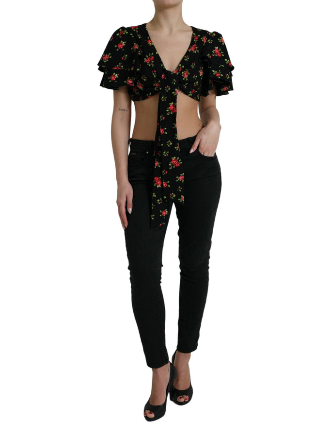 Dolce & Gabbana Black Floral Print Short Sleeves Cropped Top - Ellie Belle