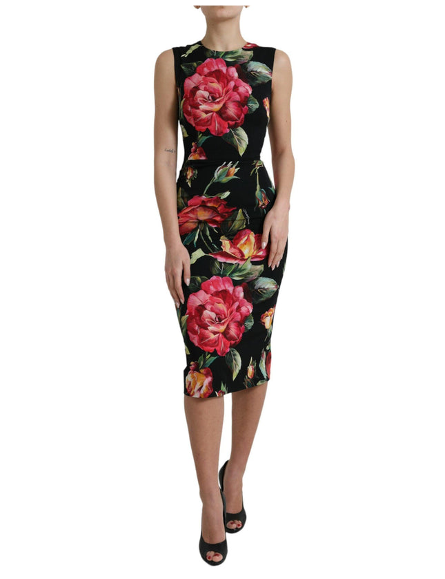 Dolce & Gabbana Black Floral Print Silk Sheath Midi Dress - Ellie Belle