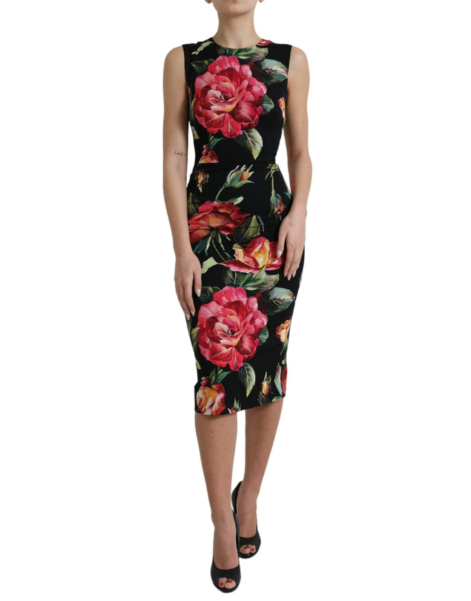 Dolce & Gabbana Black Floral Print Silk Sheath Midi Dress - Ellie Belle