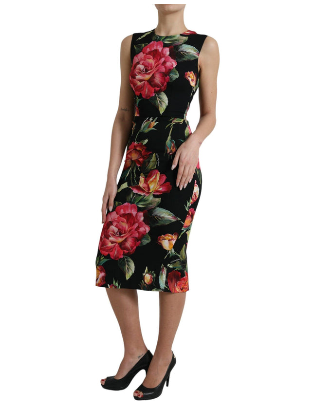 Dolce & Gabbana Black Floral Print Silk Sheath Midi Dress - Ellie Belle