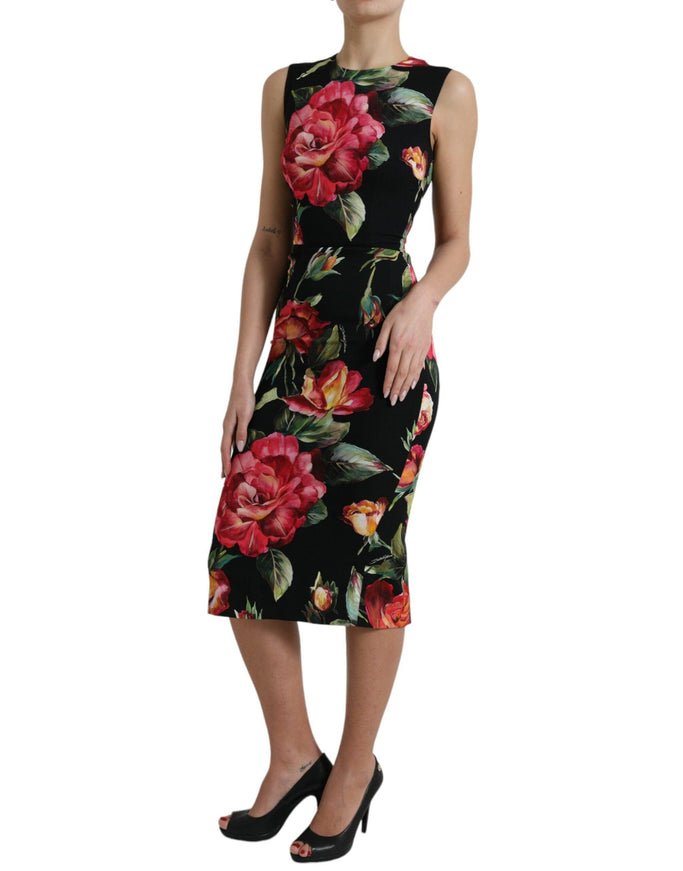 Dolce & Gabbana Black Floral Print Silk Sheath Midi Dress - Ellie Belle